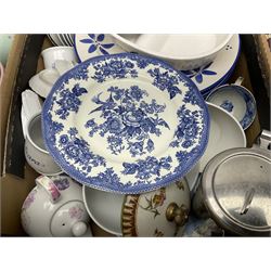 Four large meat platters, Royal Worcester Bunnykins mug and a large collection of other ceramics, including vases, dinner plates, teawares, etc, in five boxes 