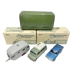 Three Lansdowne Models 1:43 scale models - 1956 Willerby Vogue Caravan; 1960 Bedford Dormobile Romany De-Luxe in green and white; and 1972 Vauxhall VX4/90 (Sapphire Starmist-met); all boxed (3)