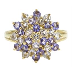 9ct gold blue and clear stone set cluster ring, hallmarked