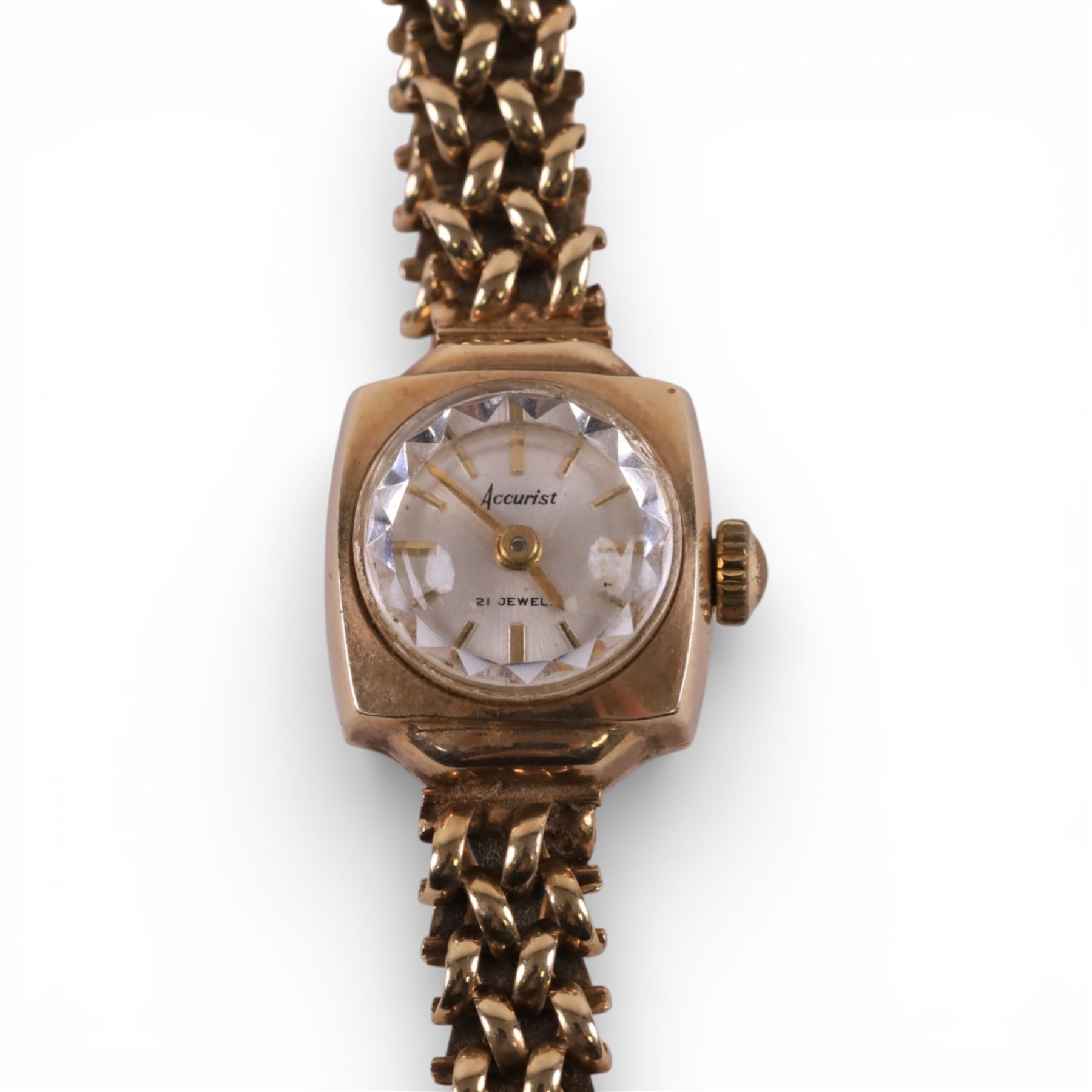 Accurist ladies 9ct gold manual wind wristwatch, on integral 9ct gold bracelet, hallmarked