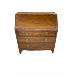George III mahogany bureau, fall-front with crossbanding and stringing enclosing fitted interior, over three cock-beaded graduating drawers