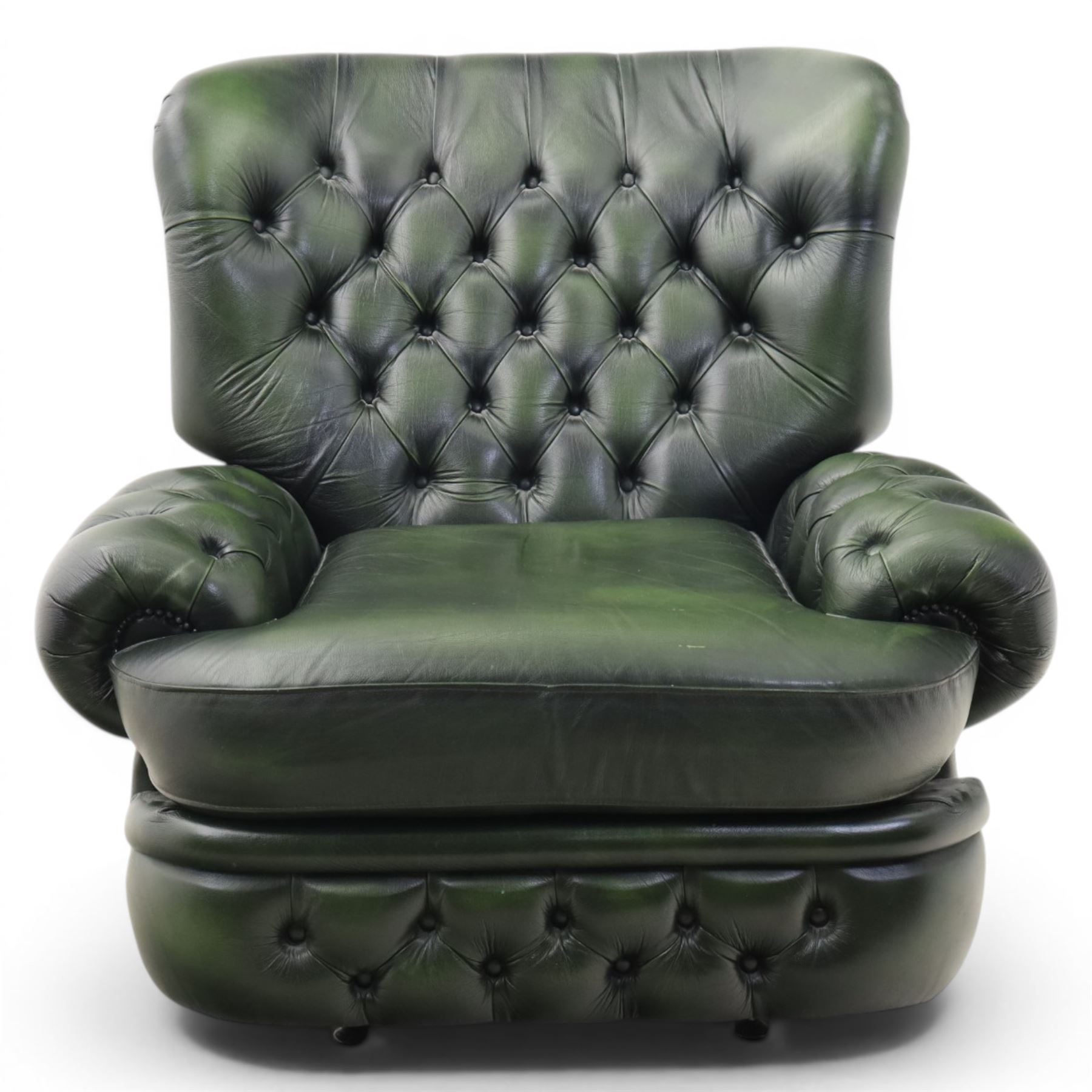 Thomas Lloyd - green leather chesterfield armchair, buttoned back, apron arm rests