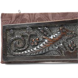 17th century walnut frieze, or pediment, carved with a smiling mans faced flanked my two creatures, incised date 1617, mounted on fabric panel, W52cm