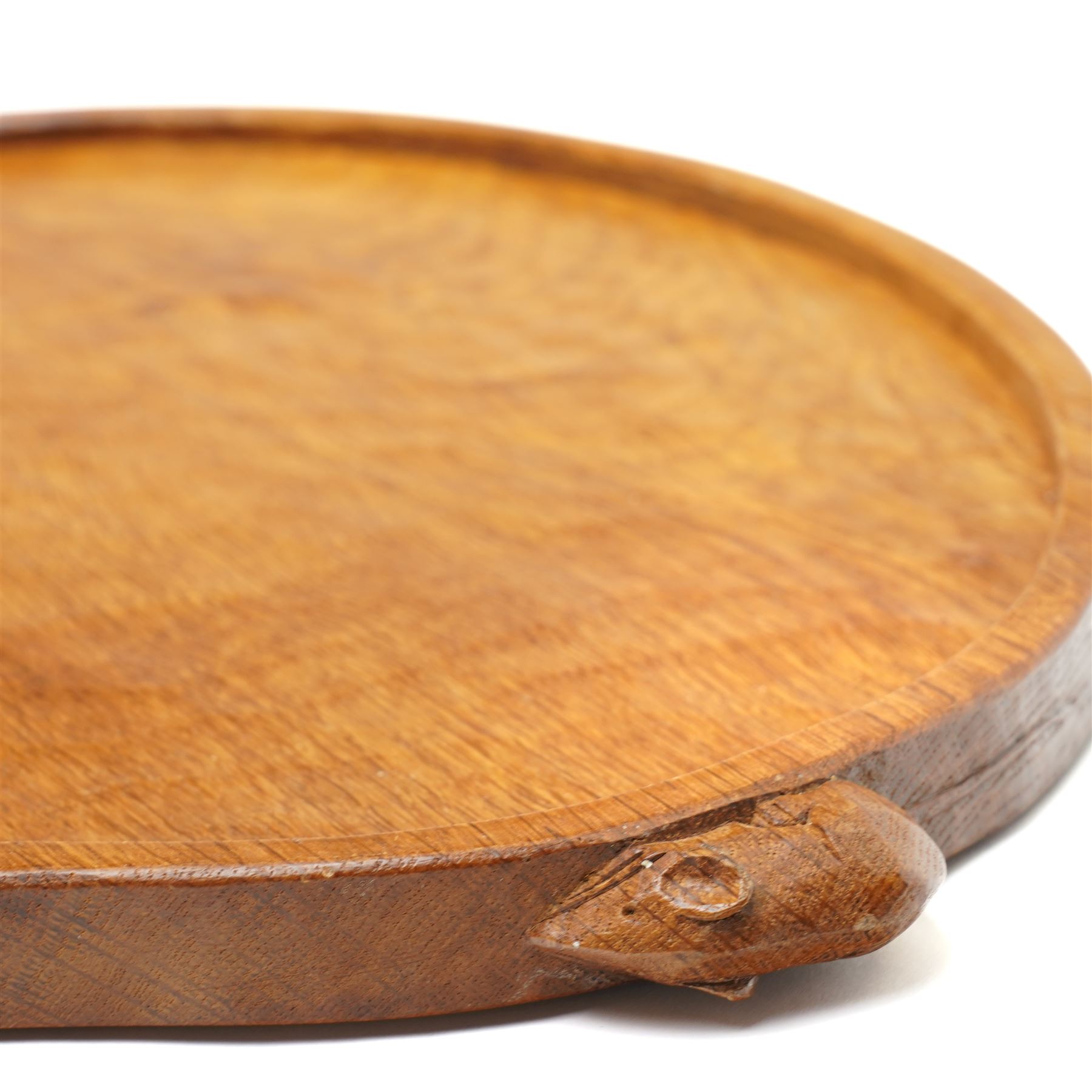 Mouseman - adzed oak kidney shaped tea tray with twin carved mouse signature handles, by the workshop of Robert Thompson, Kilburn, W47cm