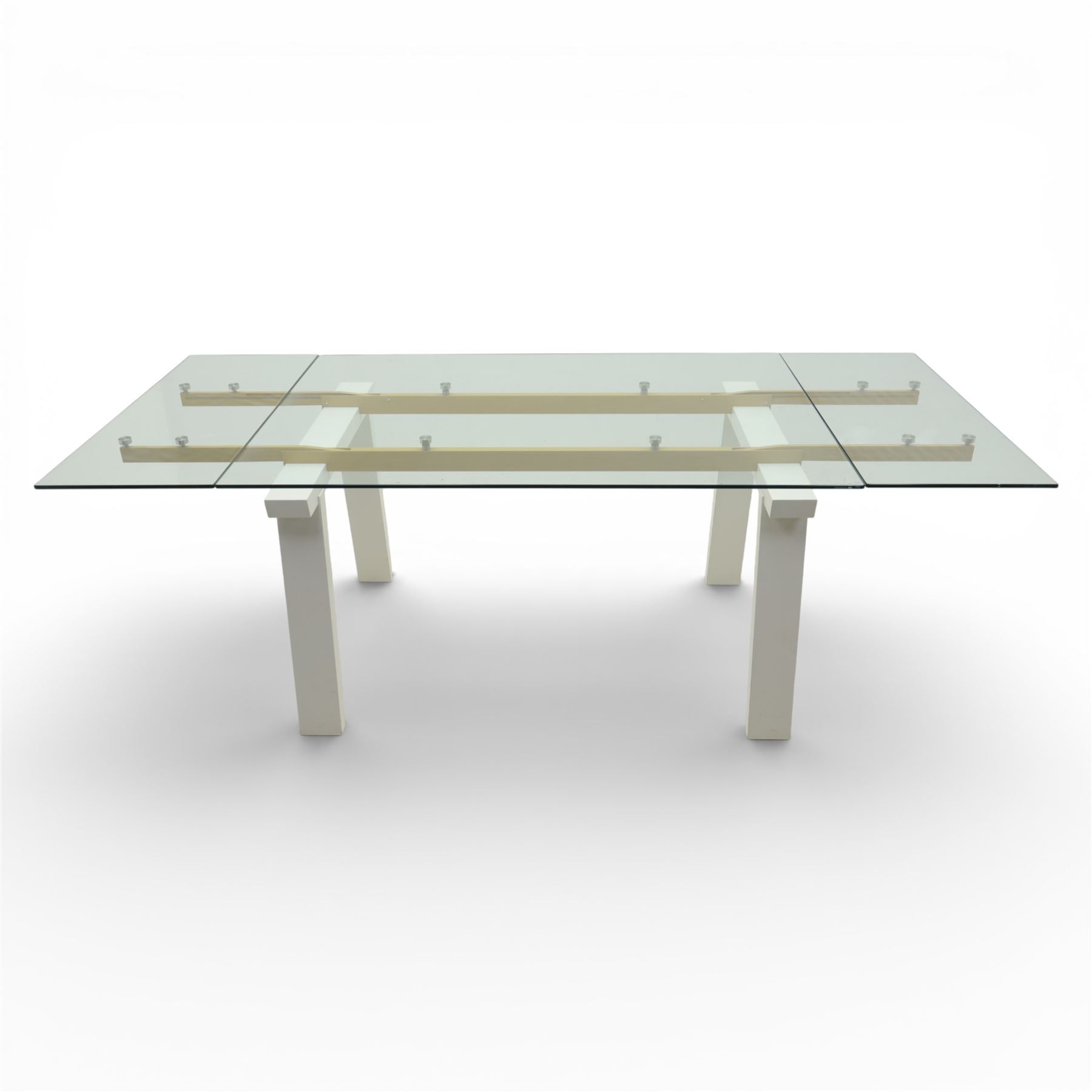 Calligaris - Connubia dining suite, comprising a 'Zeffiro' glass extending dining table and eight 'Academy' chairs, rectangular clear glass top with twin extension leaves extending to 220cm, mounted on white and ochre metal supports with central stretcher, together with eight matching moulded dining chairs with shaped seats and tapered legs