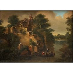 Continental School (18th century): Houses by the Riverside with Ferryman, oil on mahogany panel unsigned 24cm x 33cm