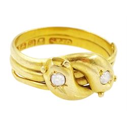 Victorian 18ct gold diamond double coiled snake ring, with an old cut diamonds set in each head, Birmingham 1890, total diamond weight approx 0.10 carat