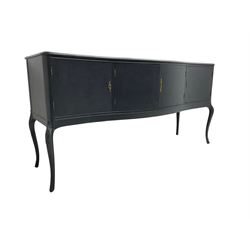 French design grey painted teak serpentine sideboard, the shaped front fitted with central double cupboard flanked by two single cupboards, each concealing drawer, on cabriole supports
