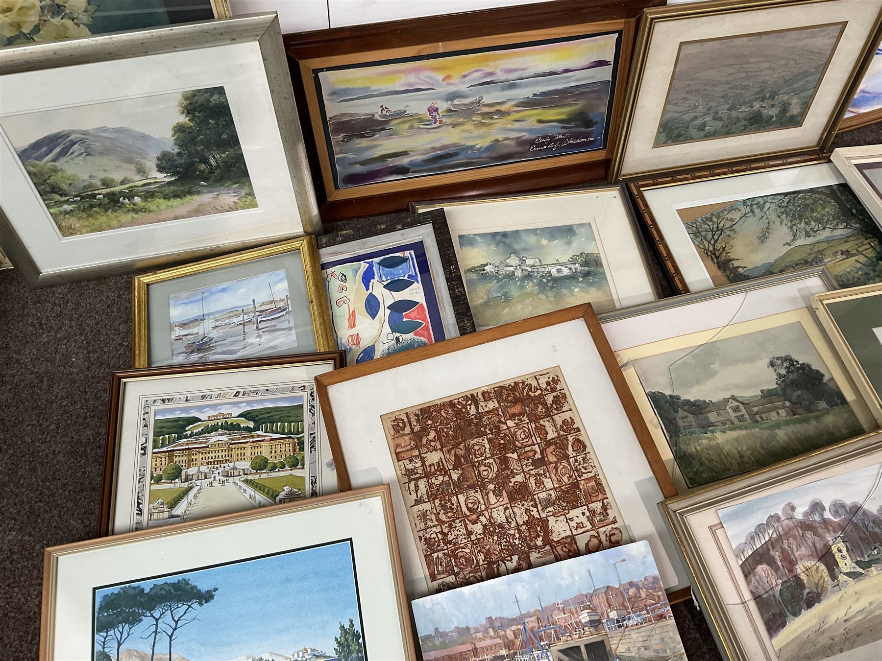 Collection of 20th century and contemporary watercolours and other original works to include Malcolm Jones, Major F Osborne, John Ayers, Joe Hush and Stanley Cunningham in one box (approx. 18)