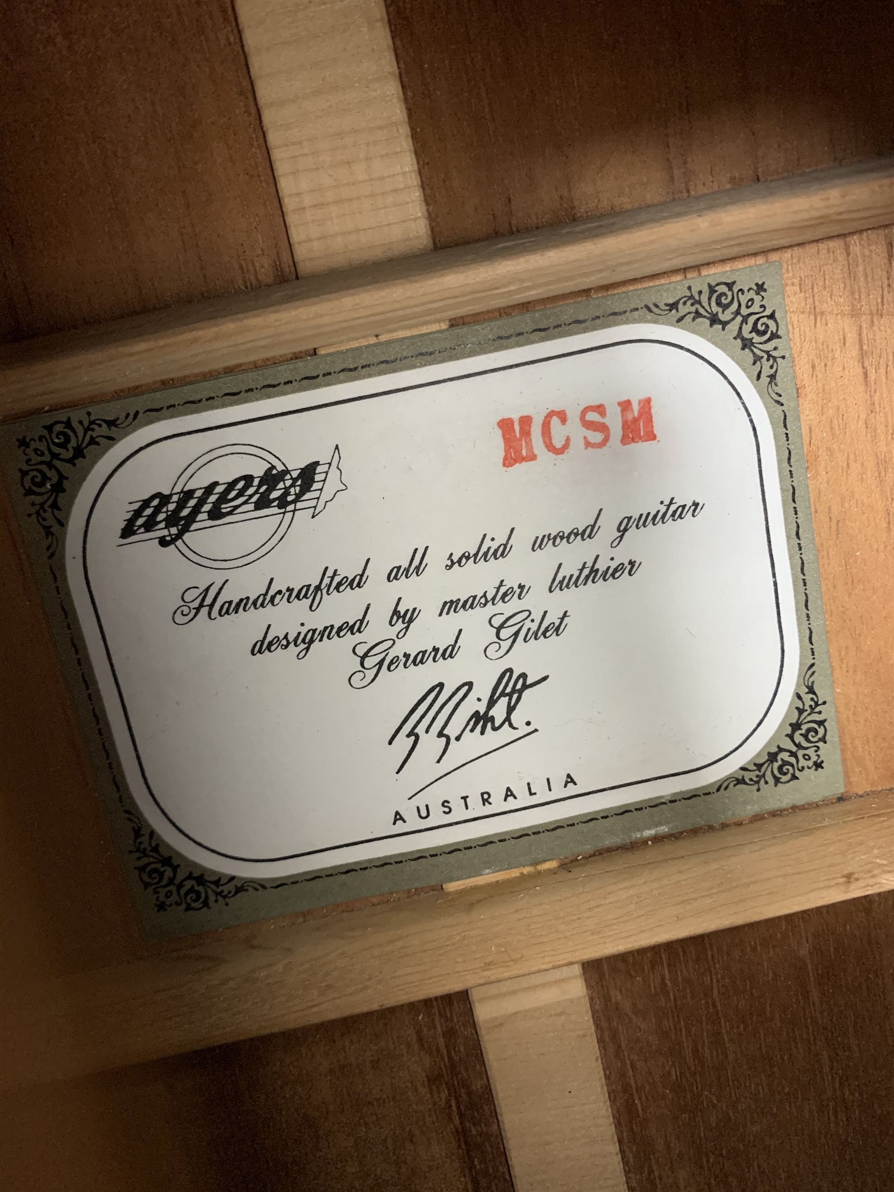 Ayres MCSM acoustic guitar designed by Gerard Gilet, Sitka Spruce, mahogany back and sides, in carrying case