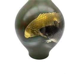 Japanese brass vase of baluster form, the green and brown marbled effect body decorated with two koi fish, with impressed character mark beneath, H24cm.