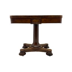 Victorian highly figured mahogany card table, fold over top, pedestal base