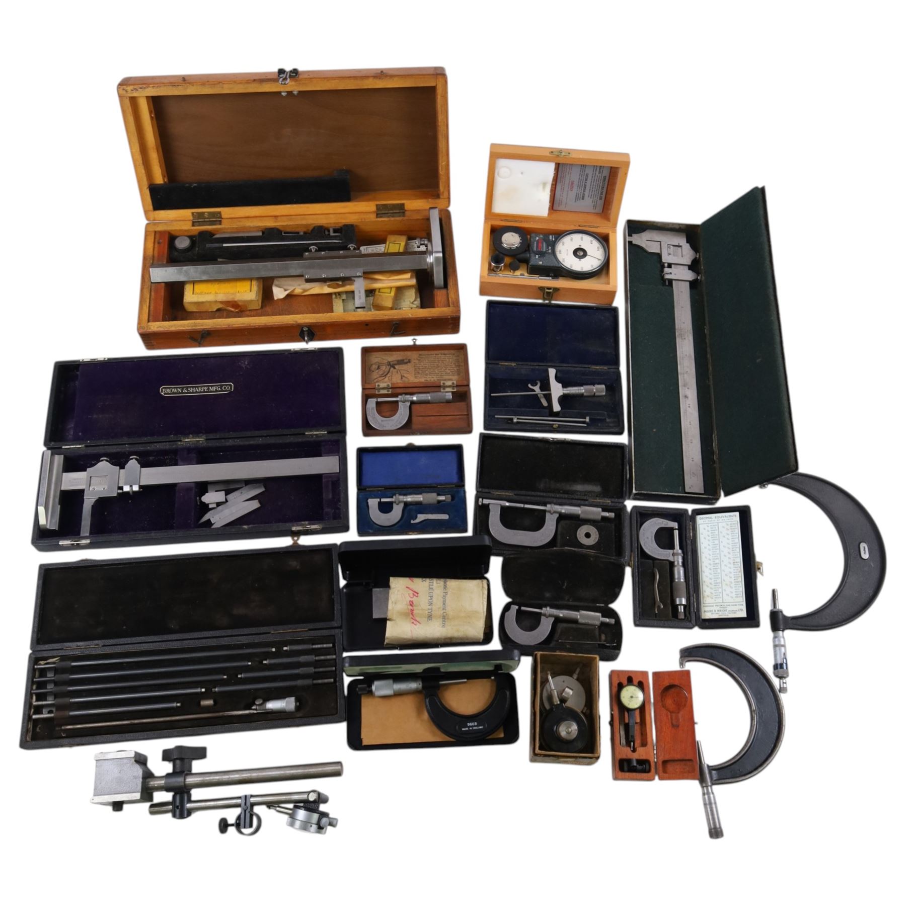 Collection of measures and gauges, including Venture Tachometer, collection of micrometers including Brown & Sharpe examples, three height gauges and other scientific instruments