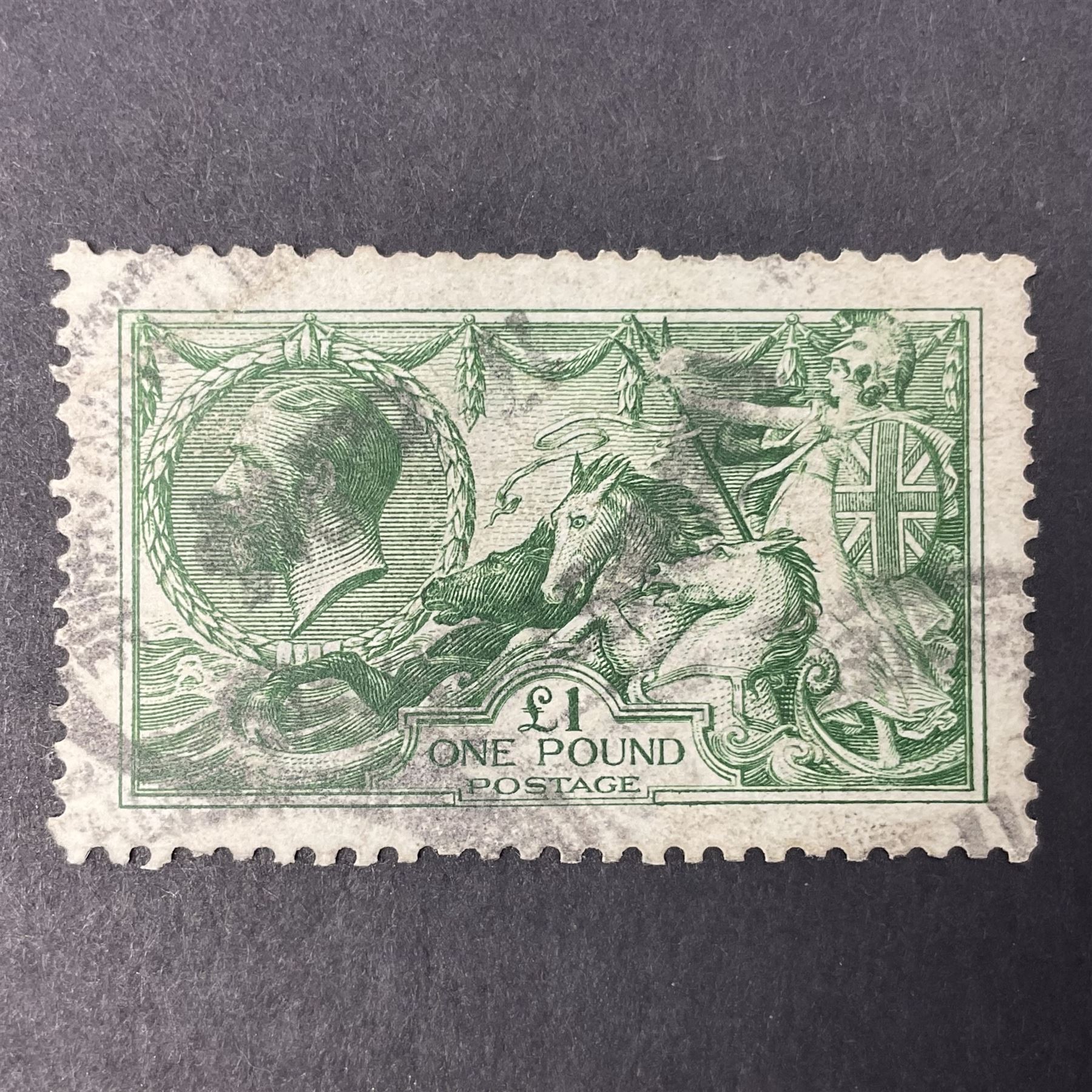 Great Britain King George V one pound green seahorse stamp, used, previously mounted