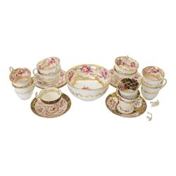 Coalport teawares, circa 1820-1840, comprising set of four trios, coffee cups, teacups and saucers, and slop bowl, decorated in the 830 pattern, with floral sprays and gilt shaped reserves, two further coffee cups and saucers, decorated with floral sprays upon blue grounds/with blue borders, and a similar coffee cup