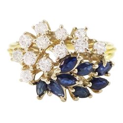 18ct gold sapphire and diamond cluster ring, twelve round brilliant cut diamonds and eight...