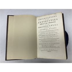 William Borlase; Observations on the Antiquities Historical and Monumental of the County of Cornwall, 1754, printed by W. Jackson, High Street, Oxford, leather bound iwth gilt detailing and lettering to spine