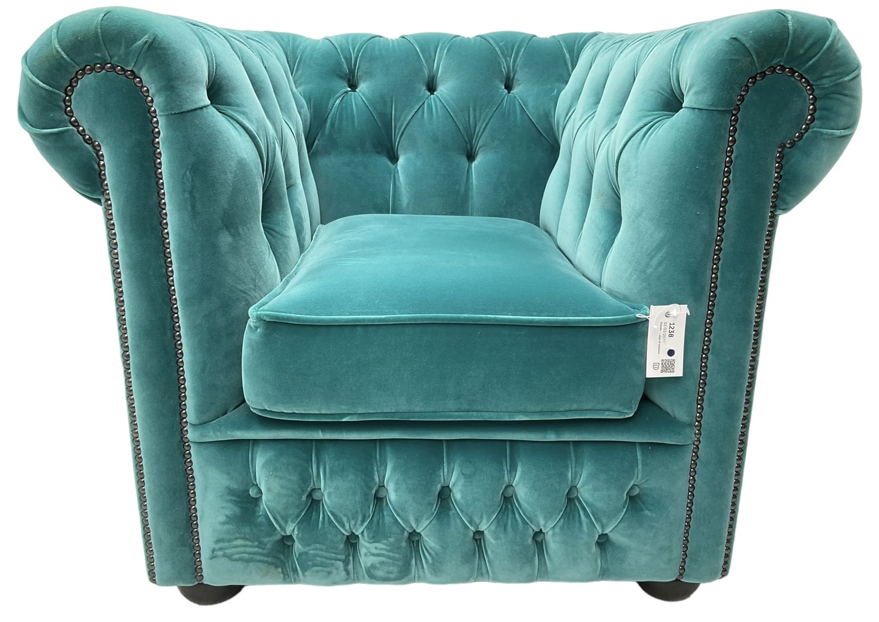 Sofas by Saxon - Chesterfield shape armchair, upholstered in buttoned aqua blue velvet fabric
