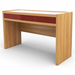 Sliderobes - modern dressing table and two bedside cabinets, red glass panels to top and drawer fronts, drawers with push to open mechanism, with veneered oak frames (Bedside tables H 56cm, D 50cm, W 40cm; Dressing table: H 83cm, D 50cm, W 135cm)