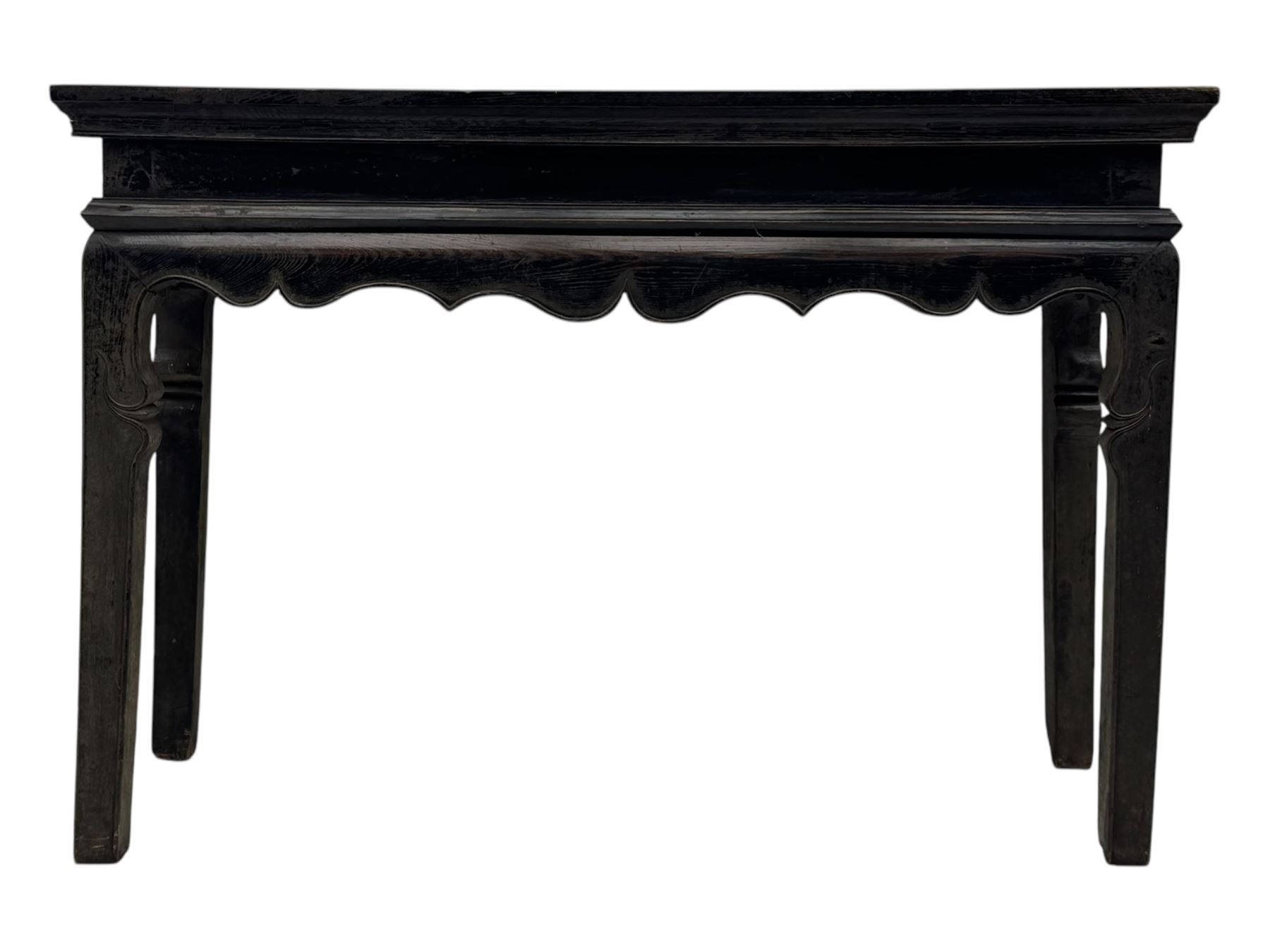19th century Chinese black lacquer console table, rectangular moulded top over full-width drawer and scalloped apron with carved corner details, raised on square-section legs