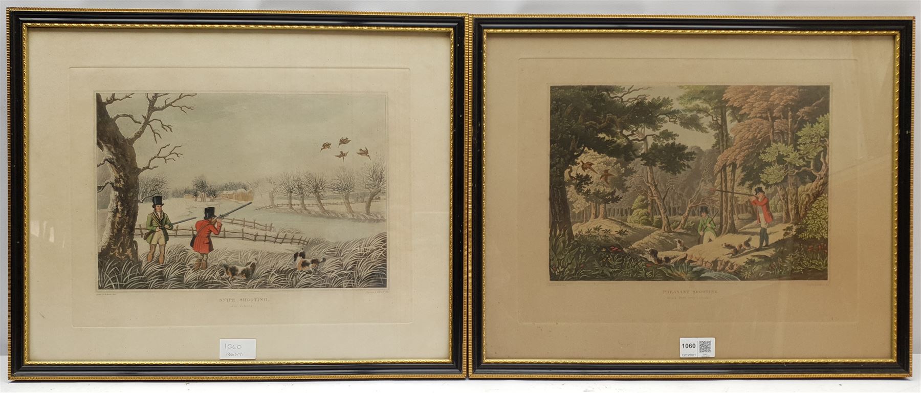 After Robert Havell Jr (British 1793-1878): 'Wild Duck Shooting near Cowley', 'Partrdge Shooting near Windsor', 'Pheasant Shooting near Uxbridge' and 'Snipe Shooting near Uxbridge', set four coloured aquatints 29cm x 37cm (4)