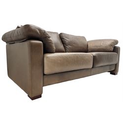 Heals - contemporary two seat 'Palermo' sofa, upholstered in chocolate brown leather, raised on wooden block feet