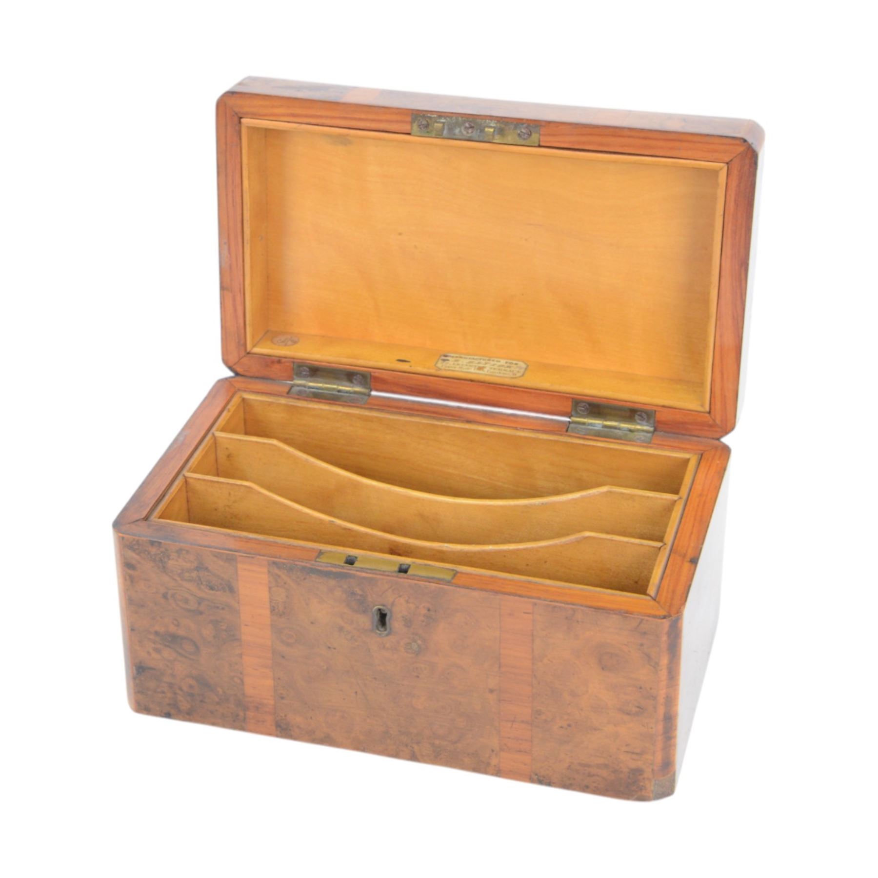 Burr walnut Stationery box, with poker work decorated, the hinged lid opening to reveal three letter interior, with manufacturer plaque for E Elfick 22 Leinster Terrace, Upper Hyde Park Gardens, H12cm
