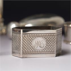 Small silver hip flask engraved with initials H9cm Sheffield 1988 Maker Hugh Crawshaw, silver pepper mill Sheffield 1975, globe scent flask with silver cover, four silver serviette rings, small silver vase and Norwegian silver salt