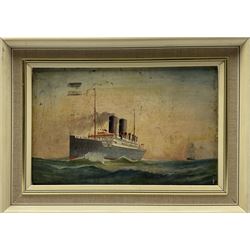 J H (Early 20th century): 'SS Cameronia' & 'SS Caledonia' - Steam Ship Portraits, pair oils on board, signed with initials titled and dated 1913 verso 14cm x 23cm (2)
Notes: The CAMERONIA was a Passenger/Cargo Vessel of 10,963 tons built in 1911 by D & W Henderson Ltd Glasgow, Yard No 472 for the Anchor Line, Glasgow. Her Maiden voyage was from Glasgow to Moville and New York on 13th September 1911. She acted as troopship from 1917. On the 15th April 1917 she was torpedoed and sank in 40 minutes when about 150 miles E of Malta. Around 200 lives lost out of approximately 2,700. The CALEDONIA also built by D. & W. Henderson & Co. Ltd., Glasgow in 1904 and owned at the time of her loss by Anchor Line (Henderson Bros.). Requisitioned by the British Government upon the outbreak of war in 1914, met her fate in the Mediterranean on December 5th, 1916. When 125 miles E. of Malta she encountered the German submarine U-65, which torpedoed her without warning. The captain, Capt. James Blaikie, attempted to sink the submarine by ramming and actually succeeded in striking her. Capt. Blaikie was taken prisoner by the Germans 