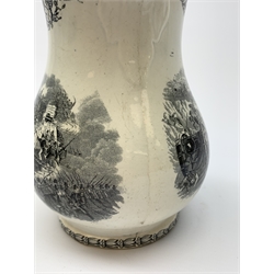 A 19th century Staffordshire pottery pearlware Crimea commemorative jug, black transfer printed with battle scenes, entitled Battle of Alma, Charge of the Highlanders, and Storming the Malakhofi, H18cm. 