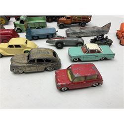 Dinky - sixteen unboxed and playworn die-cast models including Foden lorry, Big Bedford lorry with Halesowen Farm Trailer, Thunderbolt land speed record car, Spirit of the Wind racing car, market garden truck, Bedford tipper, station wagon, tanker, motorcycle combination etc; two Corgi models; and five Matchbox/Lesney models (23)