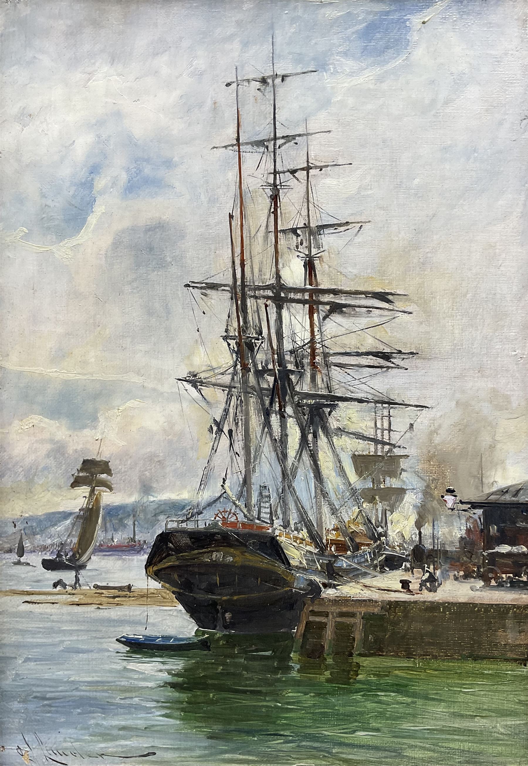 Charles James Lauder (Scottish 1841-1920): Tall Ship at the Quayside, oil on canvas laid on to board signed 34cm x 23cm