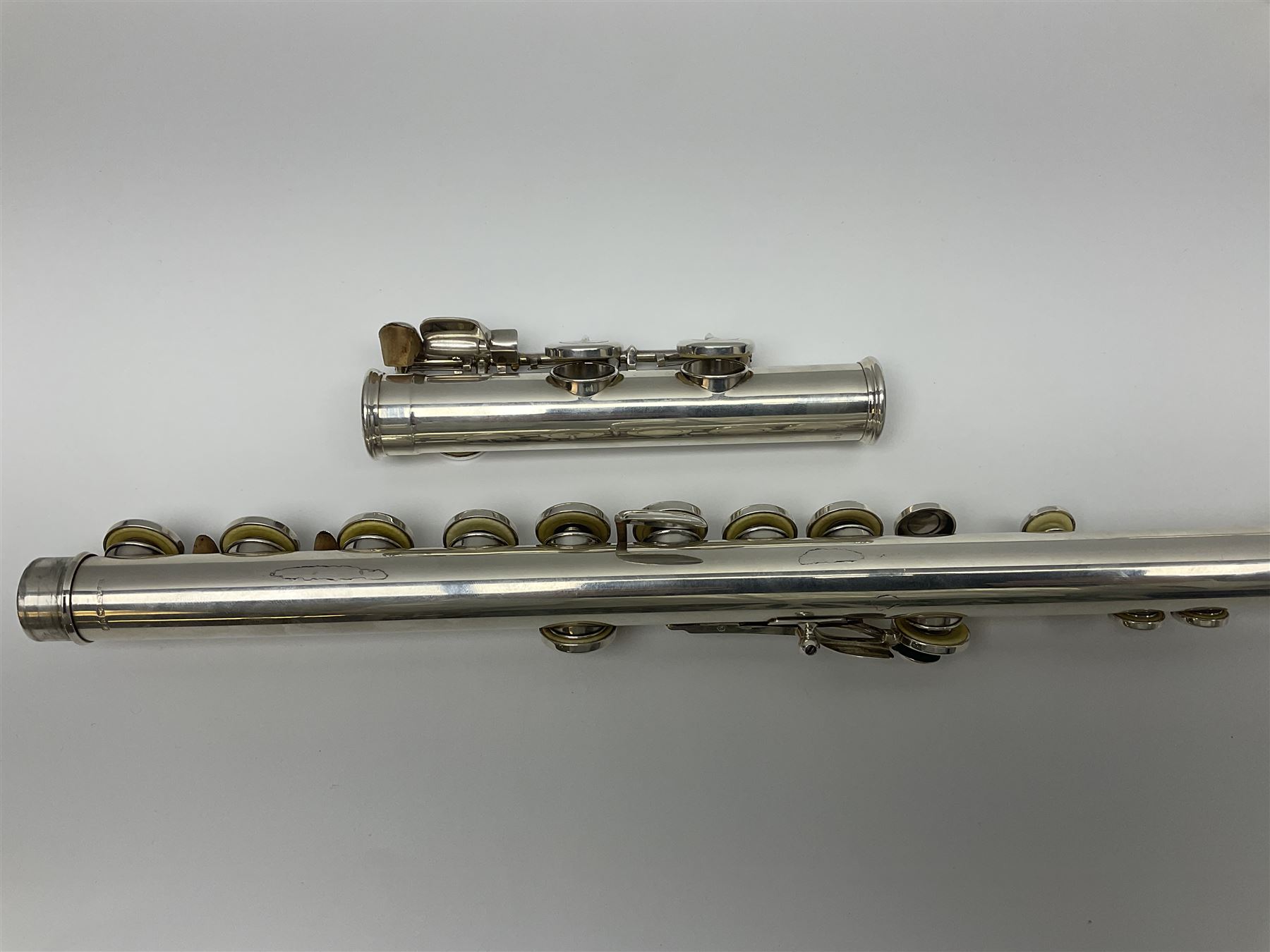 Rudall Carte & Co Ltd hallmarked silver three-piece flute; inscribed Rudall Carte & Co Ltd London No.51063; London 1986; in case marked Buffet Crampon Paris