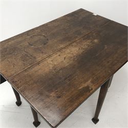 *18th century mahogany side table, rectangular drop leaf top, on cabriole supports with pad feet, 113cm x 106cm, H73cm