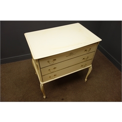  Pair of French style cream and gilt chests, three drawers, cabriole legs, (W77cm, H81cm, D50cm), a pair of matching bedside cabinets with single drawer and matching double headboard  