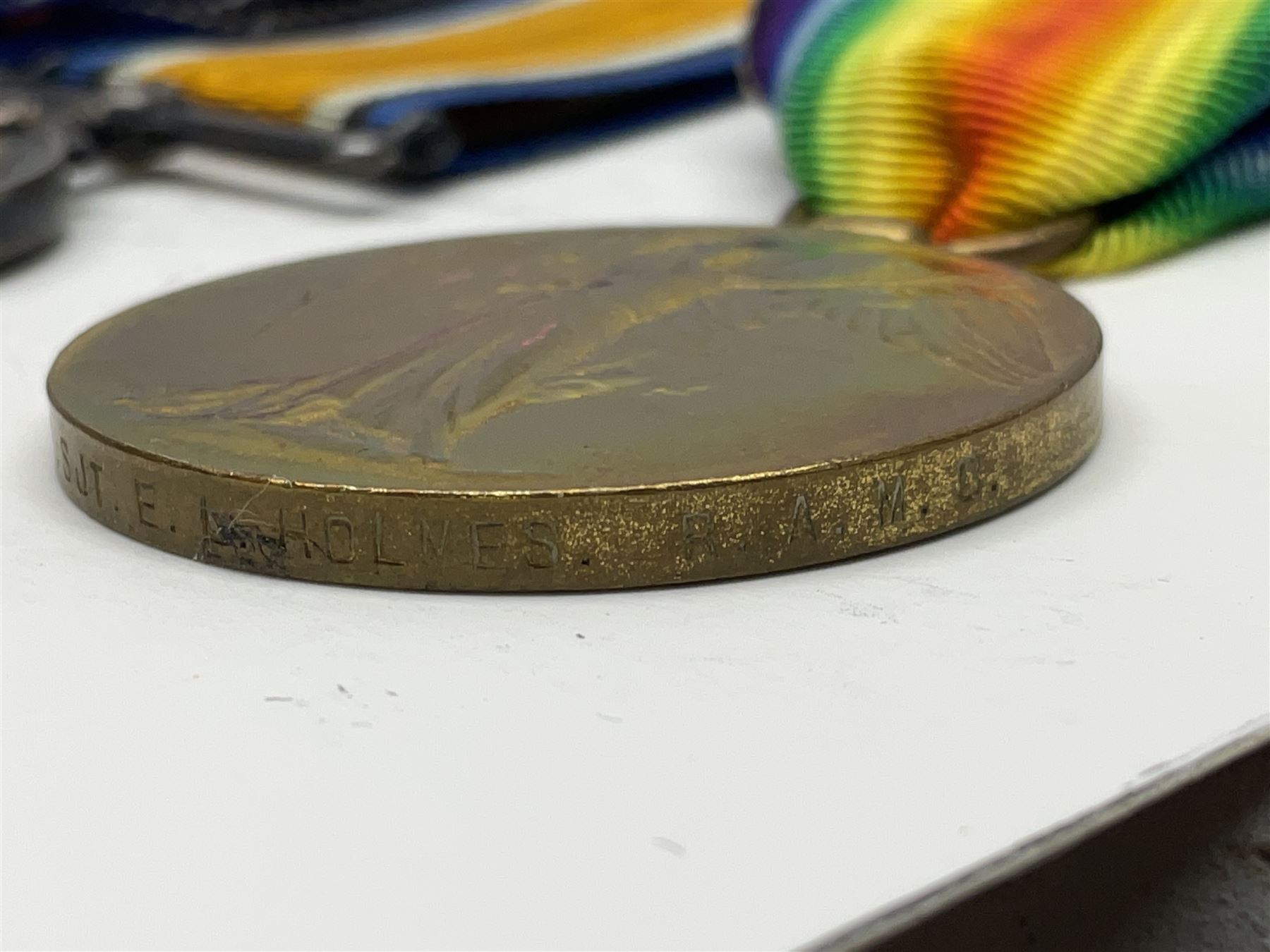 WW1 Military Medal KIA group of four comprising MM, British War Medal, 1914-15 Star and Victory Medal awarded to 32225 Pte. (later A.Sjt.) E.L. Holmes R.A.M.C., the MM inscribed 28F/A R.A.M.C.; all with ribbons; together with photocopied research material including newspaper article with presentation photograph, CWGC certificate,  London Gazette entry etc