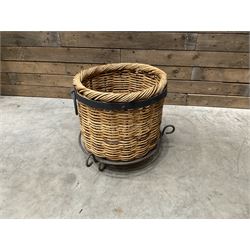 Black painted wrought iron fire guard , wicker log basket with stand, coal bucket and a fire kerb (4)