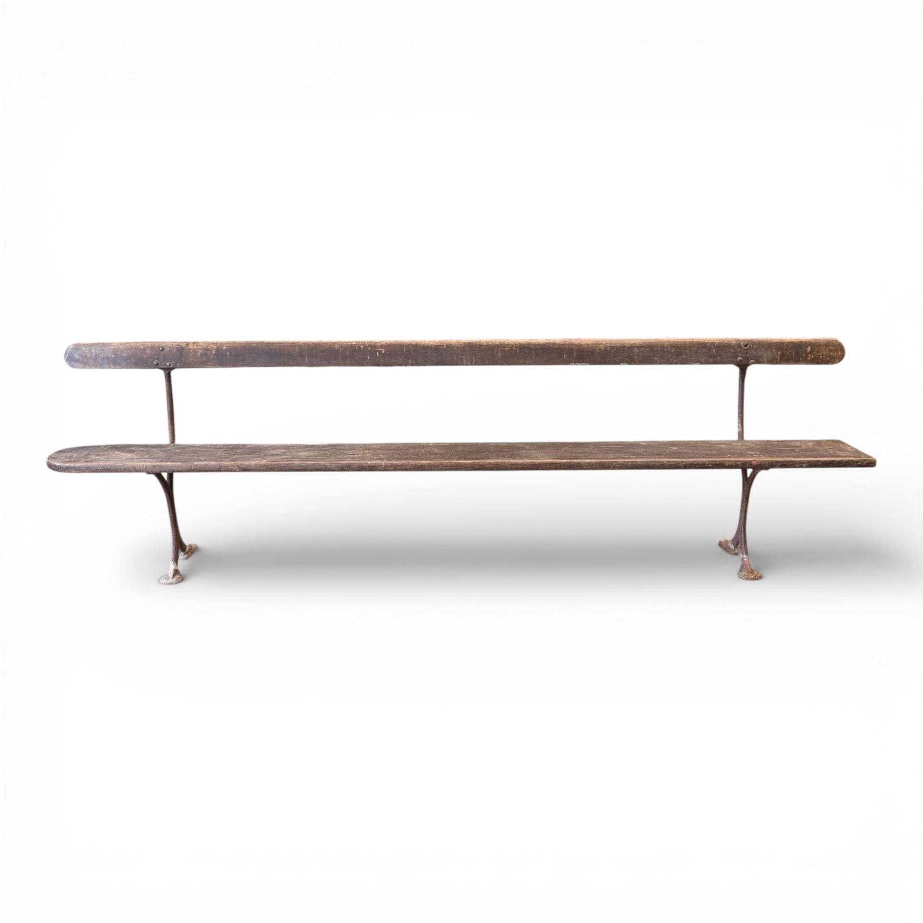 Early 20th century cast iron and painted wood bench, plank seat and back