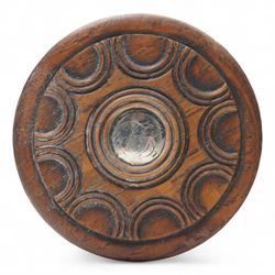 Salvaged oak snuff box, formed from a York Minster pillar, with repeating semi-circular decoration, with white metal cartouche with engraved initials, W9cm