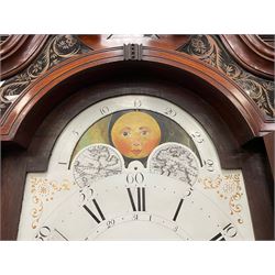 Penlington of Liverpool – early 19th century 8-day mahogany longcase clock, swans neck pediment with three turned wooden finials and verre eglomise panels, trunk with reeded columns and wavy topped door, plinth with canted corners on bracket feet, painted break-arch dial with Roman numerals and five-minute Arabic’s, centre sweep calendar and seconds hands, blue steel serpentine hands, signed beneath a painted rolling moon in the arch PENLINGTON, LIVERPOOL, eight day four pillar movement, anchor escapement and rack striking on a bell. With pendulum and weights.  The Penlington family were prolific clockmakers in 19th century Liverpool working from several addresses in the city, also recorded as chronometer and chronograph makers.