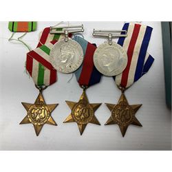 WW2 group of five medals comprising Defence Medal, 1939-1945, Italy Star, French and German Star and 1939-1945 star, with miniatures  