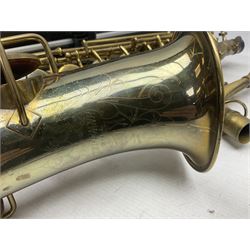 Lacquered brass 'King' alto saxophone inscribed Made by the H.N. White Co.' (Cleveland Ohio) with crook, serial no.84128; also stamped No.1 549 911 and Pat D 8-18-25; in fitted carrying case 