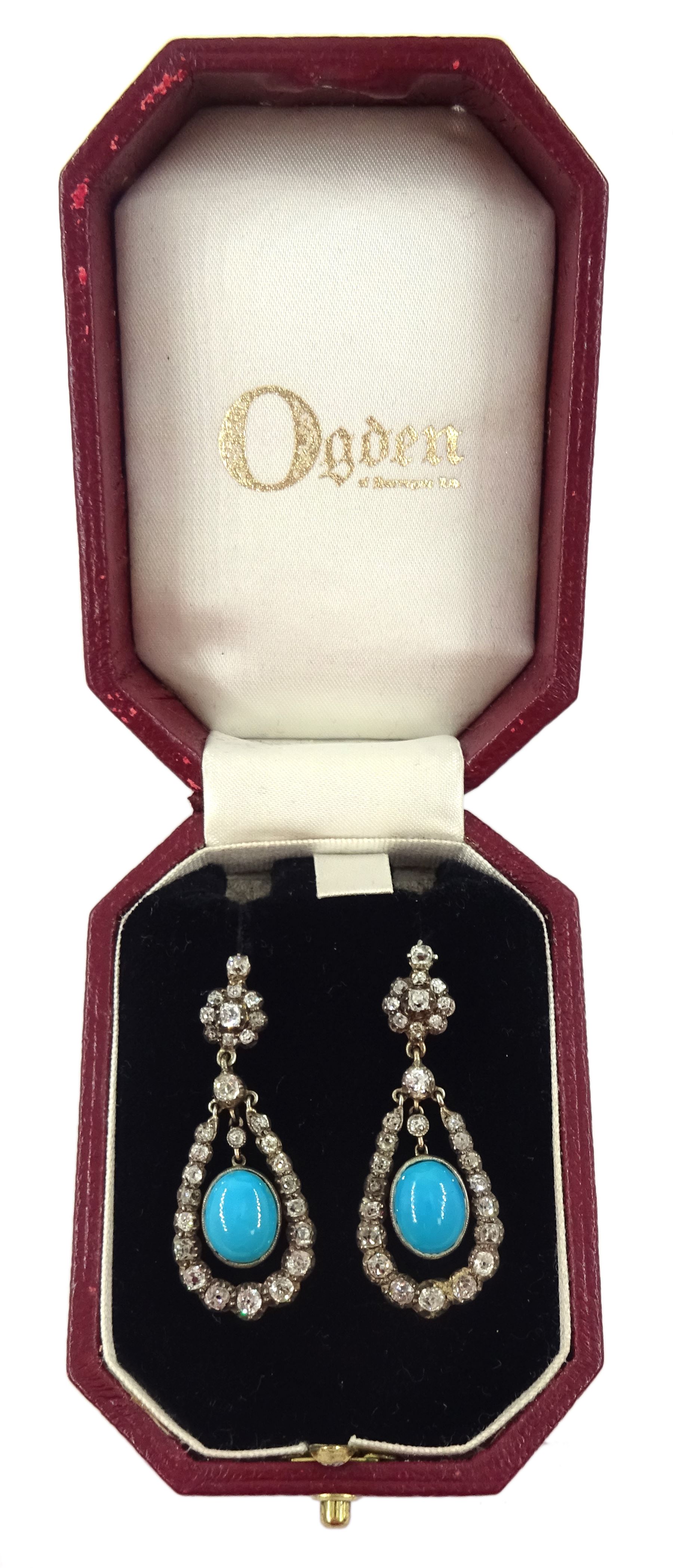 Pair of 19th / early 20th century gold and silver turquoise and old cut diamond pendant earrings, detachable oval cabochon turquoise pendants suspended within graduating diamond surround, total diamond weight approx 2.40 carat