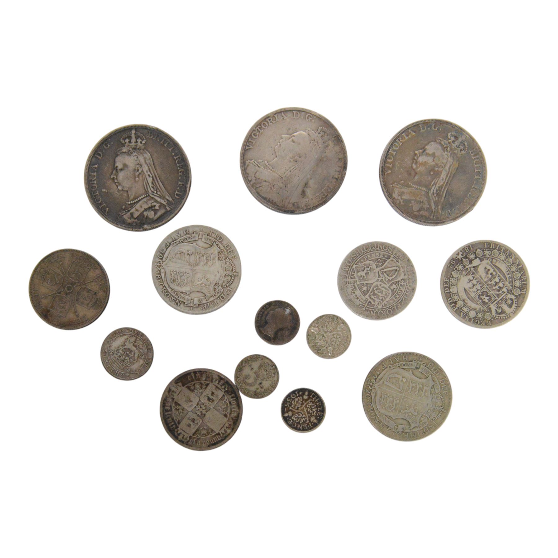 Three Queen Victoria silver crown coins, 1888 (2) and 1890, together with approximately 65 grams of Great British pre-1920 and approximately 18 grams of Great British pre-1947 silver coins