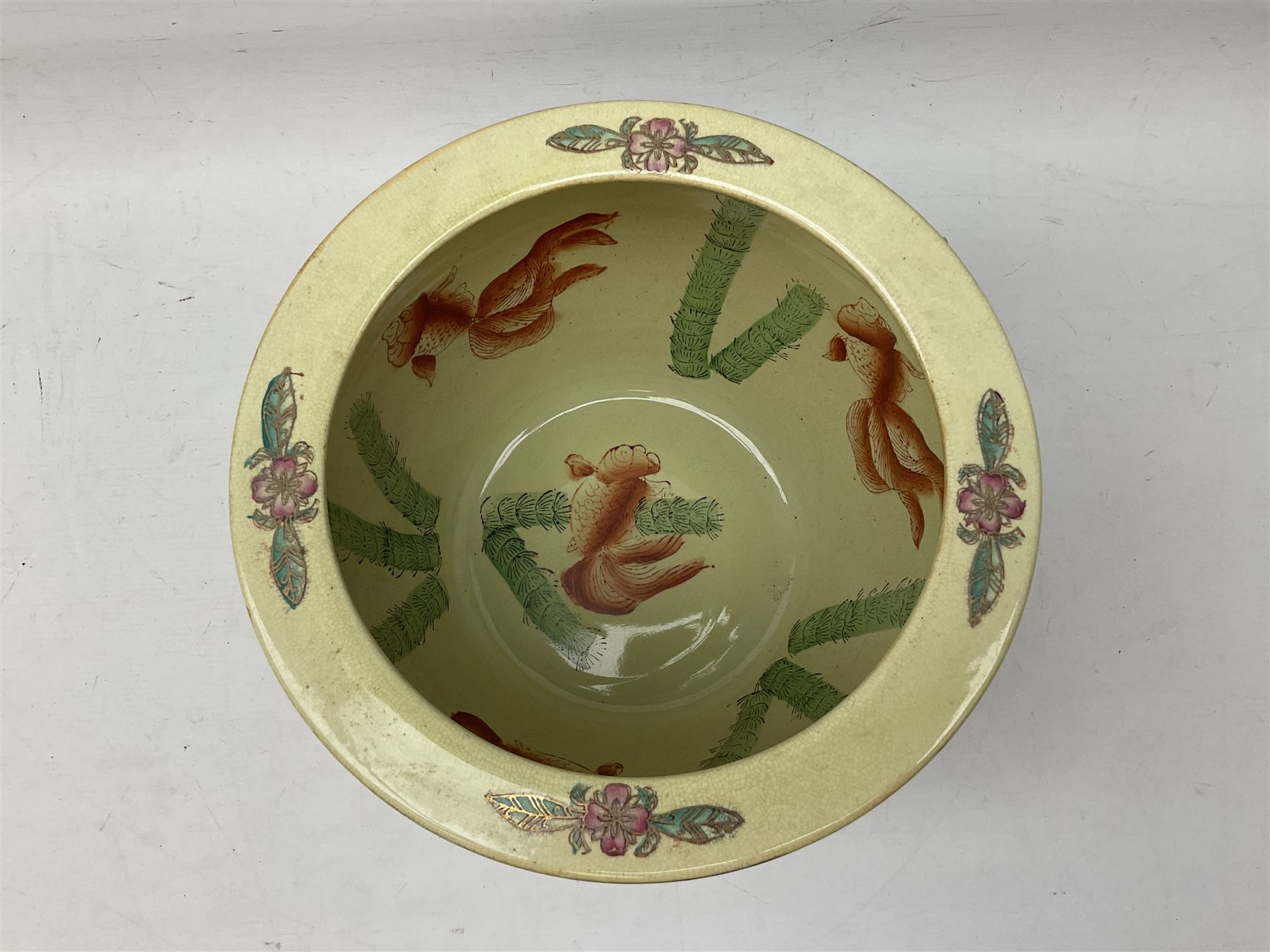 Chinese fish bowl of satsuma style, the exterior decorated with traditional figures, flowers and trees, the interior painted with koi carp, H24cm
