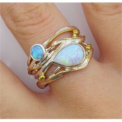 Silver and 14ct gold wire two stone opal ring, stamped 925