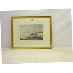  Frank Watson Wood (Scottish 1862-1953): 'HMS Duke of York', watercolour signed and dated 1940, titled and dated 28th February 1940 verso (see below), 17cm x 26cm Notes: the Duke of York was a King George V Class battleship built by John Brown and Co., Clydebank, Scotland launched on the 28th February 1940 and commissioned for the Royal Navy on 4th November 1941  DDS - Artist's resale rights may apply to this lot  