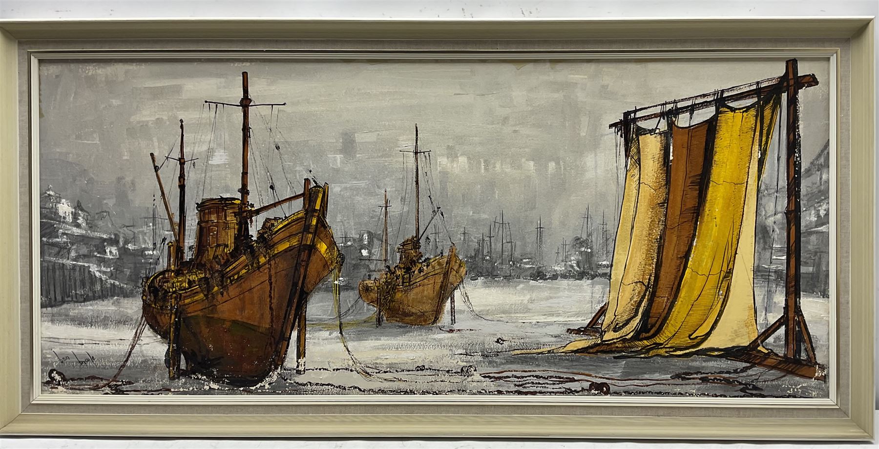 Ben Maile (British 1922-2017): Beached Fishing Boats, oil on board signed 42cm x 98cm
