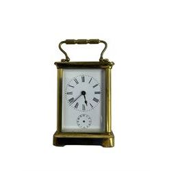 French - 19th century 8-day carriage clock with alarm, corniche case with an enamel dial, Roman numerals, minute markers and alarm setting disc, with a cylinder platform escapement, sounding the alarm on a bell. With key.