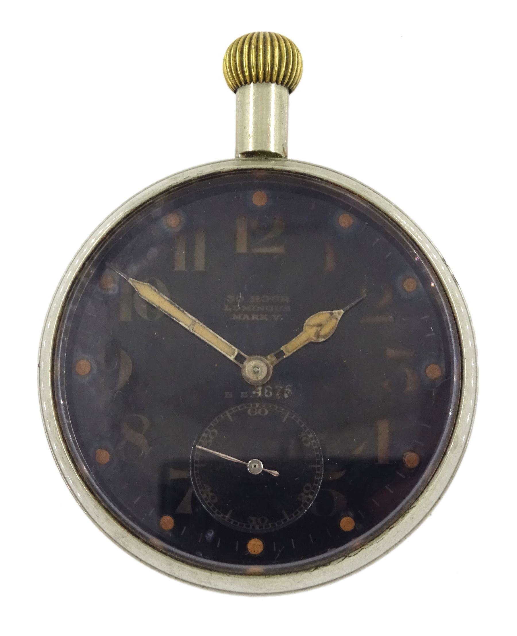 WWI Royal Flying Corps keyless lever pocket watch by Doxa, black enamel dial marked '30 Hour Luminous Mark V B E 4875', with subsidiary seconds dial, the back case engraved 'A' over broad arrow 